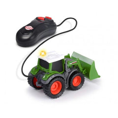Fendt remote-controlled tractor in green plastic with orange wheels, accompanied by a black remote control and white roof.