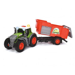 Dickie Fendt tractor with red trailer, featuring green cab, black wheels, and yellow lights, all made of plastic.