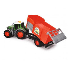 Dickie Fendt tractor play vehicle in red and green plastic with black wheels and matte finish, displayed front view.