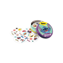 ASMODEE Dobble Disney Lilo & Stitch card game container with colorful stickers featuring Stitch's face and vibrant designs.