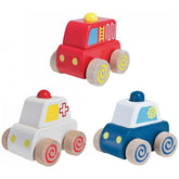 Eichhorn baby emergency car set features red, white, and blue toy vehicles with yellow wheels and spiral designs.