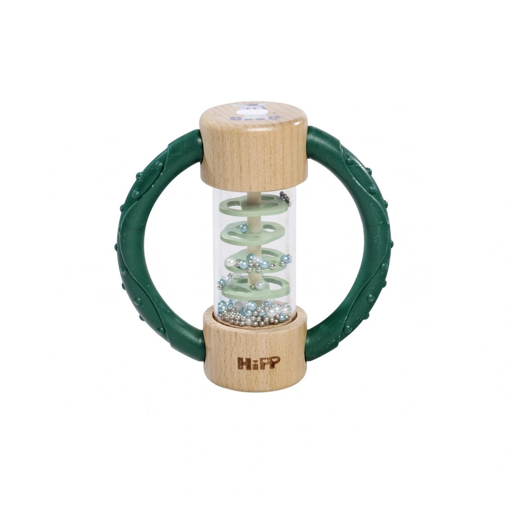 Eichhorn Baby HiPP Sound Rattle features a green handle and a clear body with colorful beads inside for sensory play.