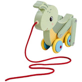 Colorful wooden pull toy designed as a friendly grasshopper with vibrant colors and a red pulling string.