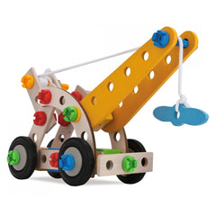 Eichhorn Constructor 4in1 construction set features a yellow wooden beam, blue pulley, and wheel, designed for childrens pla