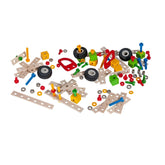 Eichhorn construction set features 111 colorful plastic components including wheels, gears, and connectors for creative build