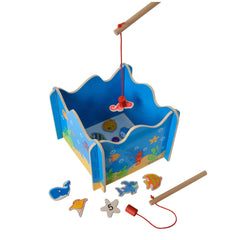 Eichhorn Fishing Game toy set featuring a blue boat, colorful fish, and accessories for engaging playtime activities.