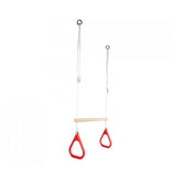 Eichhorn Outdoor Gymnastics Rings in red, showcasing durable handles with a wooden dowel and white cord for exercise.
