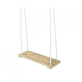 Eichhorn Outdoor Wooden Swing is a simple swing set made of light wood with white ropes for secure swinging.
