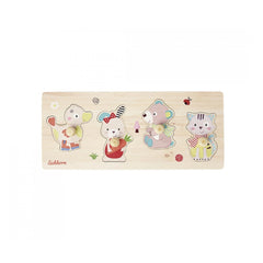 Eichhorn Puzzle Friends features cute animal characters on a colorful wooden board, perfect for childrens decor and play.