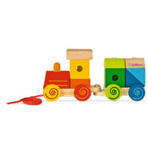 Eichhorn wooden train set features a colorful locomotive and two cars, ideal for young children to push and pull.