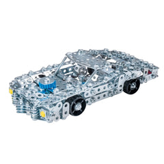 Eitech Speed Racer construction set features a shiny silver car with a blue engine and black wheels, viewed from the front.