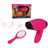 Fatti Bella hair stylist set includes a pink hair dryer with a brush attachment, featuring a floral design on the packaging.
