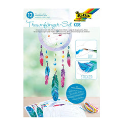 Folia Dreamcatcher Set for kids in glossy white packaging featuring blue and black printed text and DIY craft instructions.