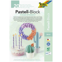 Folia Pastelblock A4 arts & crafts packaging features assorted multi-colored sheets, cactus, birthday cake, and printed text.