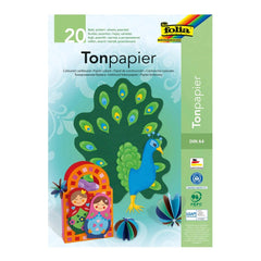 Folia Tonpapier Block A4 with 20 multi-coloured sheets, featuring peacock, flowers, and certification logos on glossy cardboa