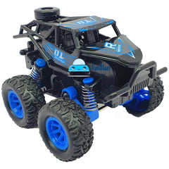 Dinosaur-themed monster truck in blue with glossy body, textured tires, and suspension features for pull-back action.