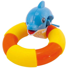 Ginmar Happy Ring features a glossy plastic dolphin in blue, yellow, and orange, rotating joyfully on a hoop.