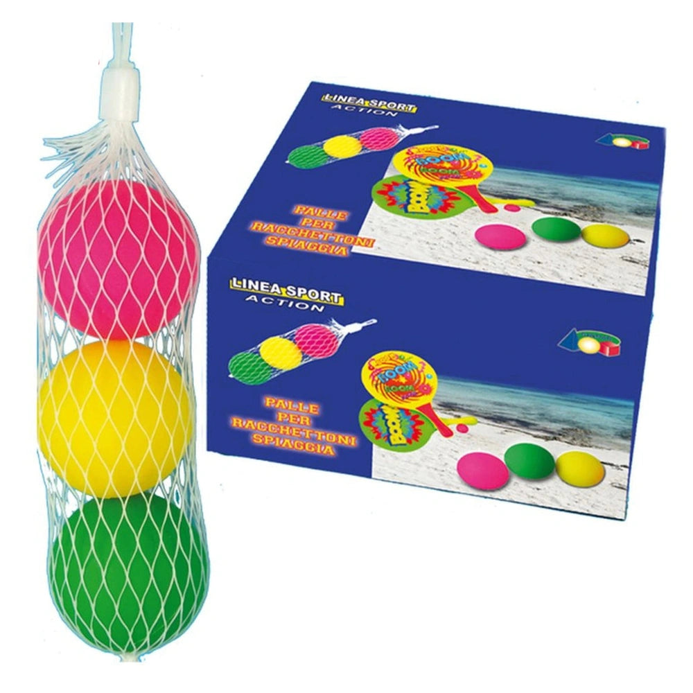Ginmar set of 3 foam balls in yellow, green, and red for beach paddle game, packaged in a blue cardboard box.