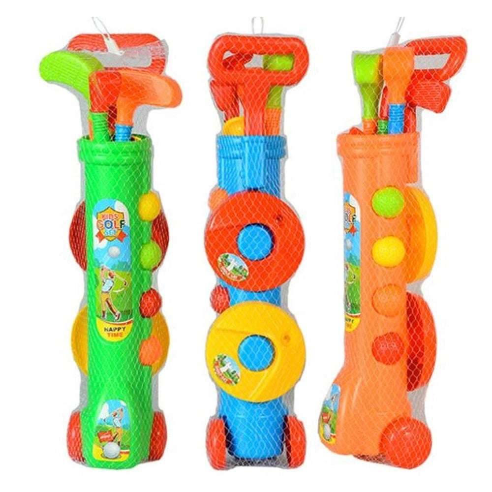 Toddler golf club play set featuring vibrant green, orange, and yellow plastic with textured surfaces and various openings.