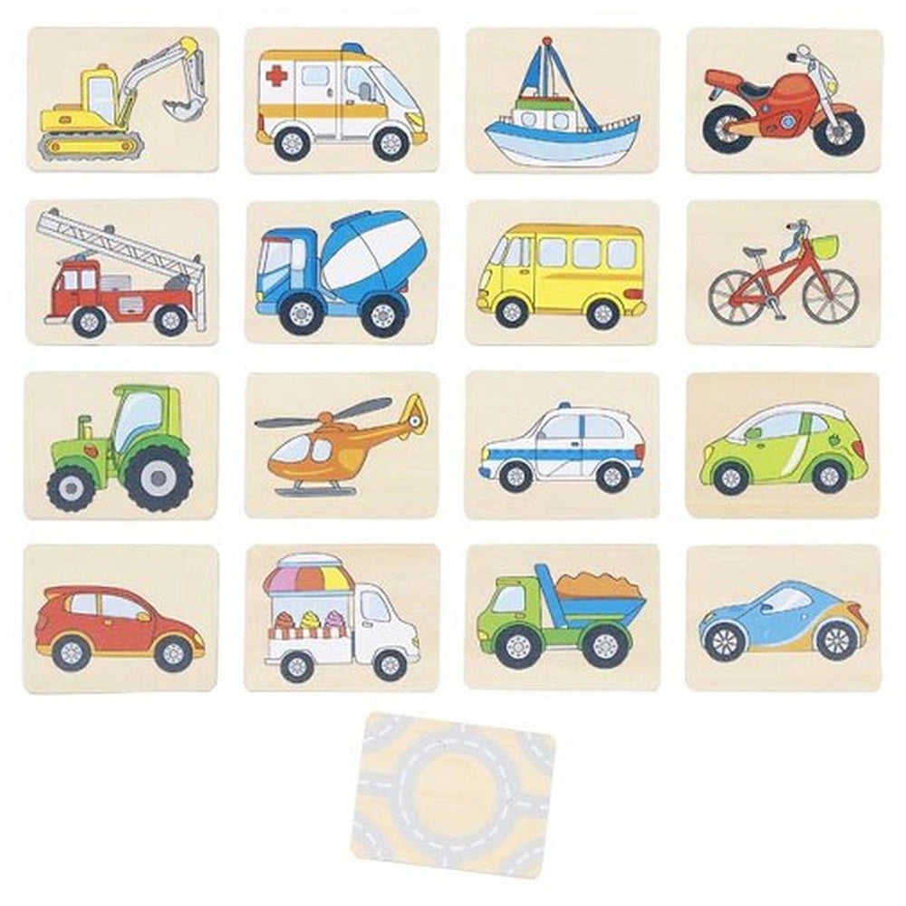GOKI Memo Vehicles card game packaging features 9 illustrated vehicles on a matte surface in a flat style and limited color p