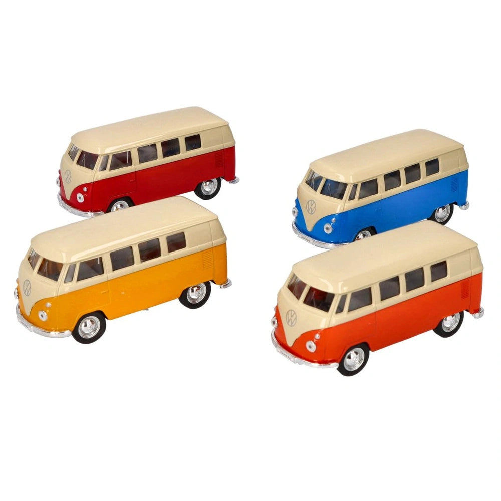 Die-cast Volkswagen Classic Om 1962 buses in orange, red, blue, and beige with glossy finish, displayed side by side.