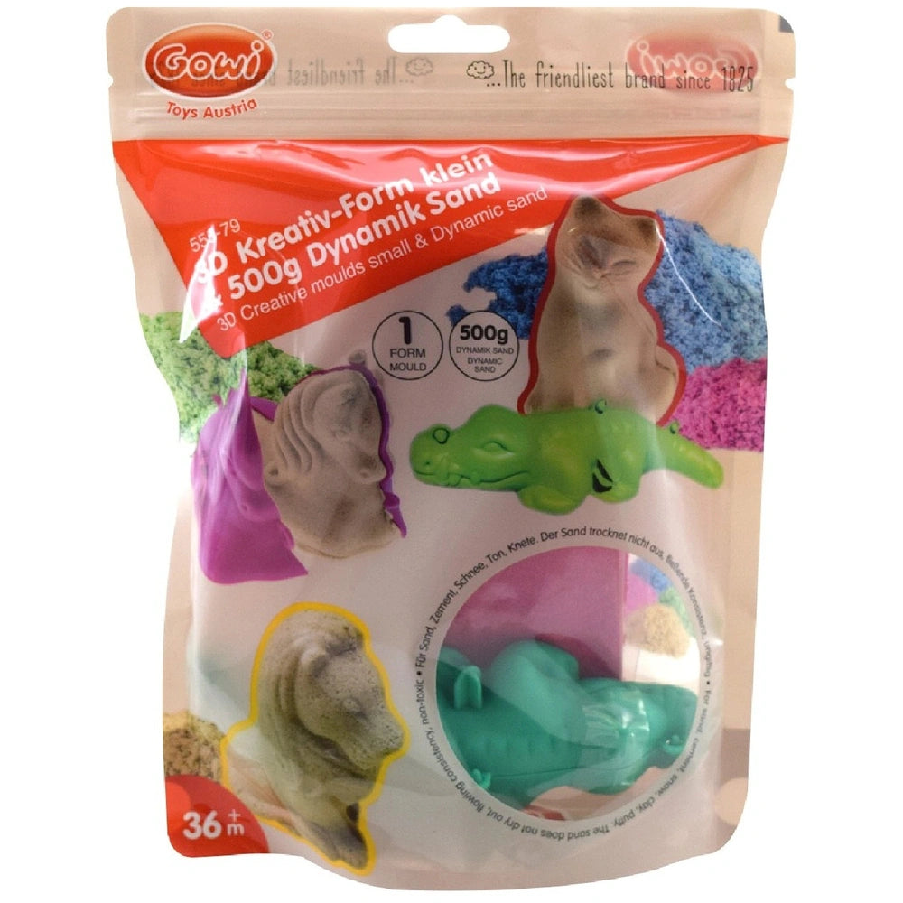 Gowi 3D Creative Shape packaging features colorful dinosaur figures and dynamic sand in a clear plastic design.