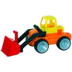 Gowi bulldozer toy in orange with yellow cab, blue wheels, and red shovel, featuring detailed components and attachments.
