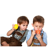 Gowi Coffee Service Lyon set displayed with two boys in plaid shirts and suspenders engaging in pretend play.
