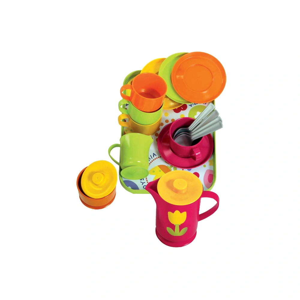 Gowi Coffee Service Paris 18 pieces features colorful plastic cups on a glossy cardboard tray, ideal for pretend play.