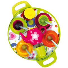 Gowi coffee service set features a green tray, pink teapot, two yellow cups, two orange cups, and two silver spoons.
