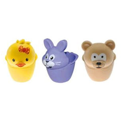 Gowi beach toys featuring a yellow duck, blue bunny, and brown bear arranged centrally against a plain background.