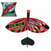 Demon Spatz catapult glider featuring red and black glossy fabric and a green matte plastic frame, ideal for outdoor play.