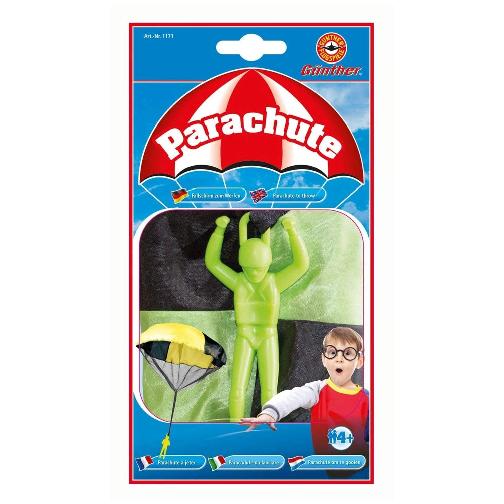 Gunther Flugspiele parachute throwing toy packaging features a glossy blue background with white text and colorful parachute