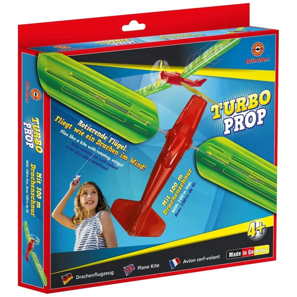 Gunther Flugspiele Turbo Prop Kite Plane in red box with green toy, featuring yellow and blue background and German made icon
