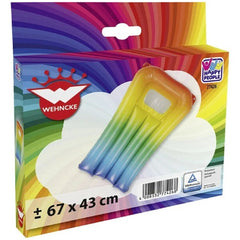 Happy People air mattress packaging features a glossy cardboard box with a rainbow design and red and white logo, 67 x 43 cm.