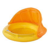 Happy People baby pool with sun canopy, large yellow inflatable design, circular shape, and two side handles.