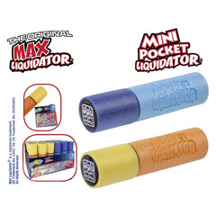 Happy People Foam Shooter Mini Pocket Liquidator packaging in blue with yellow and orange accents, displaying three colorful