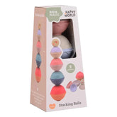 Happy World stacking balls toy in cardboard packaging with clear window, featuring nine colorful balls and playful text.