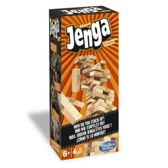 HASBRO Jenga Family Game packaging features an orange gradient, large white "Jenga" text, and details for players and age.