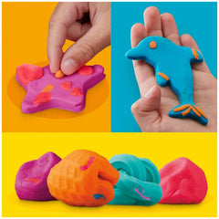 Play-Doh 15 Cans Party Bag with colored modeling dough shapes in pink, orange, blue, and red on a yellow background.