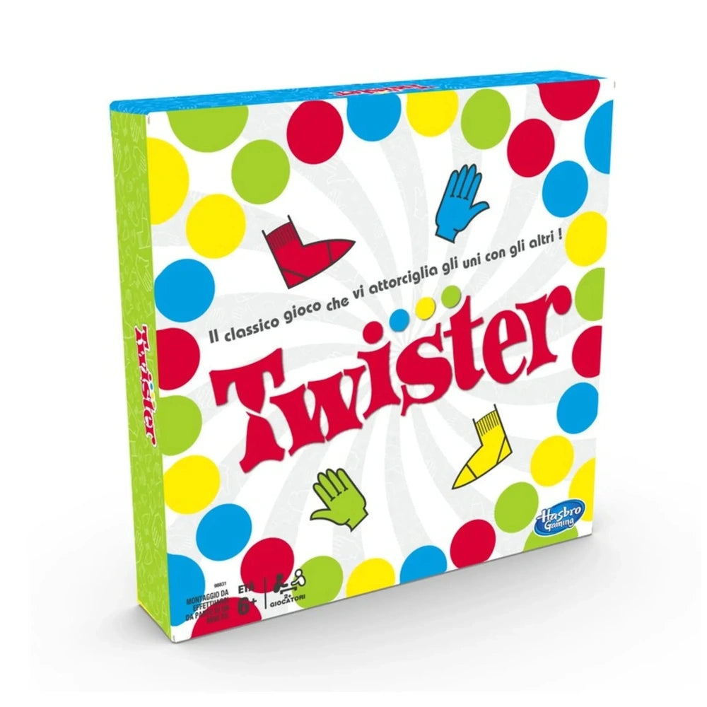 HASBRO Twister Board Game Italian Edition packaging features colorful circles, red and yellow shoes, and printed text.