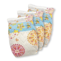 Heless reusable doll diaper, 35-50 cm, features a quilted white fabric with colorful stars, hearts, and floral patterns.