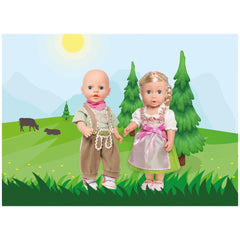 Heless knickerbockers with shirt set features two dolls in white and pink outfits, standing on green grass with a brown cow b