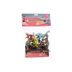 Johntoy Animal World Dinosaurs 6 pcs pack features three colorful dinosaur figures in glossy and matte packaging with a clear