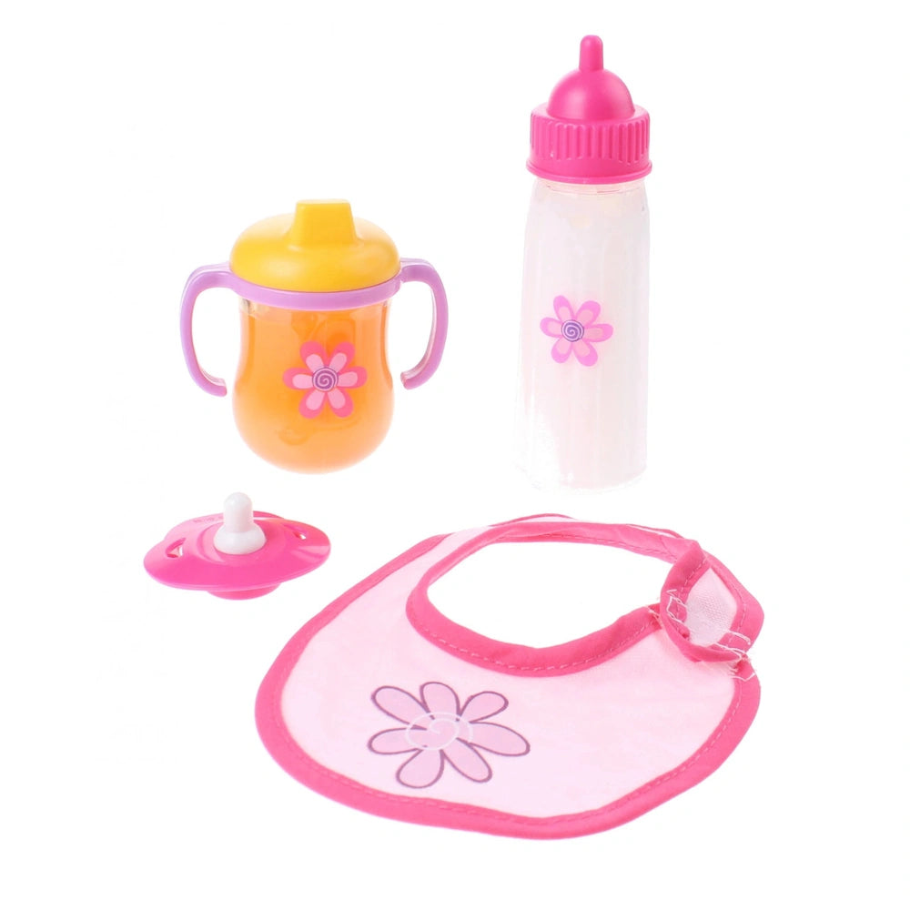 Johntoy Baby Rose Doll Play Set features a yellow sippy cup with a purple handle, a white lid, and a pink bib with a flower d