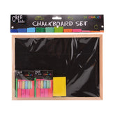 Crea Kids Chalkboard set in black packaging features a clear window, two colorful chalks, and a yellow eraser.