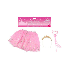 Princess Dress Up Set featuring a pink and white tutu, crown tiara, and wand in glossy packaging with heart-shaped accessory.