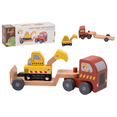 Johntoy - Wooden Semi-Trailer With Excavator - Play Vehicles