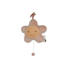 Jollein Musical Hanger features a light brown plush star with a smiling face and decorative dot, centered on a plain white ba