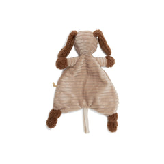 Jollein pacifier cloth featuring a light brown stuffed animal with two ears, eyes, arms, legs, and a tail.